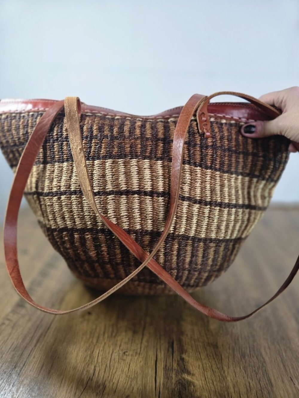 vtg Sisal Jute leather shopper tote african kenya tote purse zip closure - Picture 3 of 10